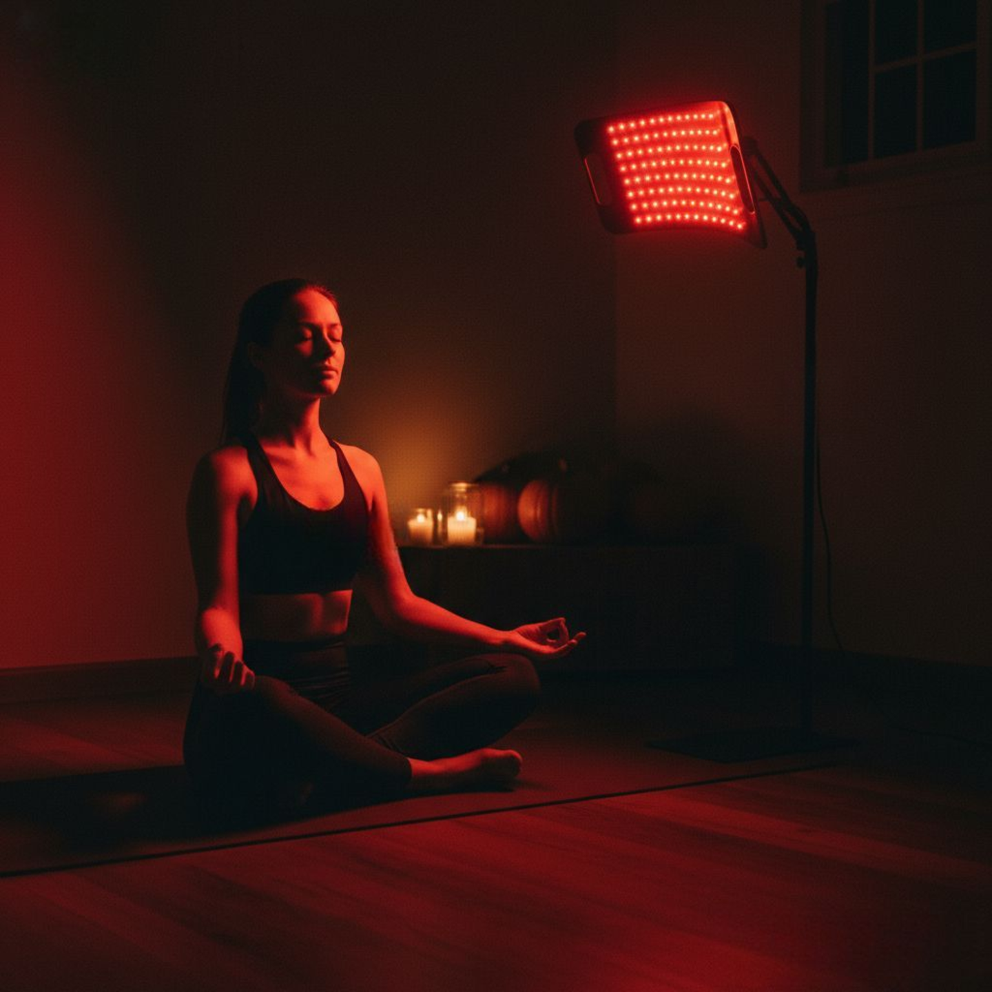 Heat-free infrared lamp red light therapy panel on a stand shining toward a woman meditating on a yoga mat in a dim room.