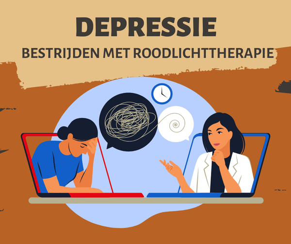 Illustratie met de tekst “Depressie bestrijden met roodlichttherapie” en een gesprek tussen een sombere persoon en een hulpverlener.
