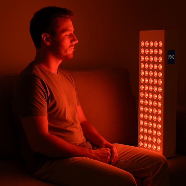 Man zit rustig op een bank en kijkt naar een groot roodlicht LED-paneel dat hem volledig in rood licht badend voor een roodlichttherapie sessie ter stimulering van nitric oxide productie