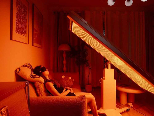 Persoon ontspant in een fauteuil onder een groot roodlicht infrarood paneel in een oranje verlichte kamer tijdens een roodlichttherapie sessie voor gewrichtspijn